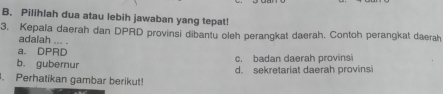 Pilihlah dua atau lebih jawaban yang tepat!
3. Kepala daerah dan DPRD provinsi dibantu oleh perangkat daerah. Contoh perangkat daerah
adalah ... .
a. DPRD c. badan daerah provinsi
b. gubernur
. Perhatikan gambar berikut! d. sekretariat daerah provinsi