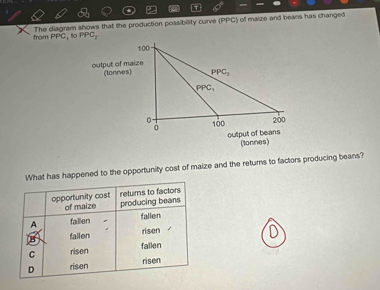 on 
The diagram shows that the production possibility curve (PPC) of maize and beans has changed 
from PPC, to PPC_2.
100
output of maize 
(tonnes) PPC_2
PPC_1
0 200
0
100
output of beans 
(tonnes) 
hat has happened to the opportunity cost of maize and the returns to factors producing beans?