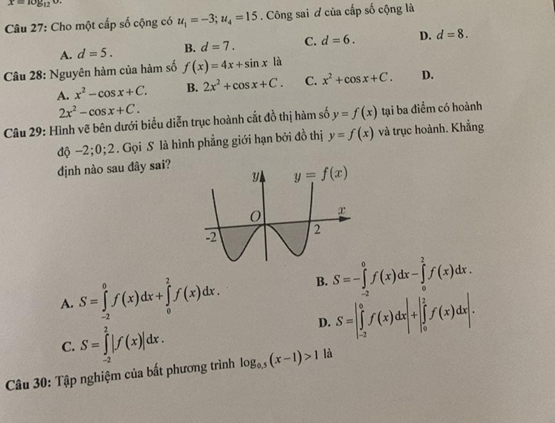 x=log _120.
Câu 27: Cho một cấp số cộng có u_1=-3;u_4=15. Công sai ơ của cấp số cộng là
A. d=5. B. d=7. C. d=6. D. d=8.
Câu 28: Nguyên hàm của hàm số f(x)=4x+sin x | à
A. x^2-cos x+C. B. 2x^2+cos x+C. C. x^2+cos x+C. D.
2x^2-cos x+C.
Câu 29: Hình vẽ bên dưới biểu diễn trục hoành cắt đồ thị hàm số y=f(x) tại ba điểm có hoành
độ −2;0;2. Gọi S là hình phẳng giới hạn bởi đồ thị y=f(x) và trục hoành. Khẳng
định nào sau đây sai?
A. S=∈tlimits _(-2)^0f(x)dx+∈tlimits _0^(2f(x)dx.
B. S=-∈tlimits _(-2)^0f(x)dx-∈tlimits _0^2f(x)dx.
C. S=∈tlimits _(-2)^2|f(x)|dx.
D. S=|∈tlimits _(-2)^0f(x)dx|+|∈tlimits _0^2f(x)dx|.
Câu 30: Tập nghiệm của bất phương trình log _0.5)(x-1)>1 là