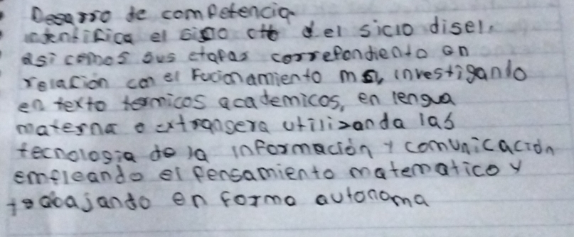 Desarso de competencion 
anknlicica el sino cto del sicio disel. 
asicomos ous etafas correfondiento on 
relacion can el Fucionamiento ms, investigando 
en texto termicos academicos, en lengua 
materna a cxtransera vtilizanda las 
fecnolosia do 1a informacion 1 comvnicacion 
emfleando el fensamiento matematico y 
todoajando en formo autonoma