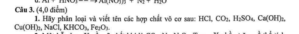 A1+11103^ Al(NO3)3+N2+H2O
Câu 3. (4,0 điểm) 
1. Hãy phân loại và viết tên các hợp chất vô cơ sau: HCl, CO_2, H_2SO_4, Ca(OH)_2,
Cu(OH)_2, NaCl, KHCO_3, Fe_2O_3.