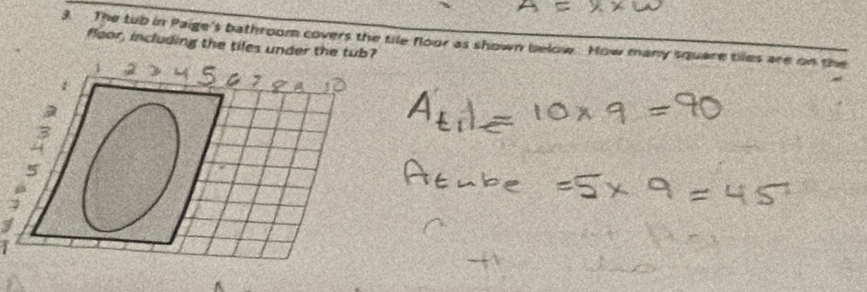The tub in Paige's bathroom covers the tile floor as shown below. How many square tiles are on the 
floor, including the tiles under the tub? 
1