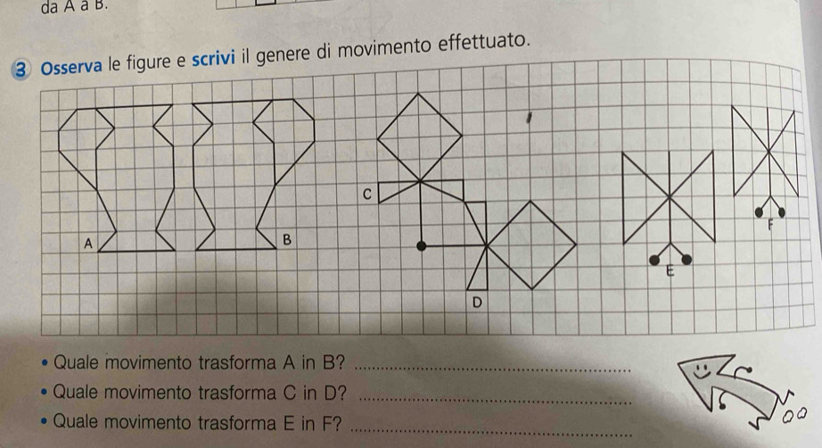 da A a B. 
Quale movimento trasforma A in B?_ 
Quale movimento trasforma C in D?_ 
Quale movimento trasforma E in F?_