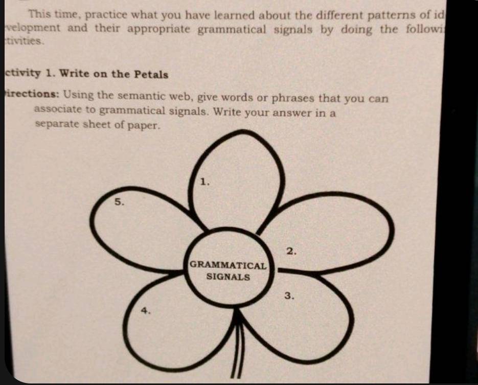 This time, practice what you have learned about the different patterns of id 
velopment and their appropriate grammatical signals by doing the followi 
tivities. 
ctivity 1. Write on the Petals 
irections: Using the semantic web, give words or phrases that you can 
associate to grammatical signals. Write your answer in a 
separa