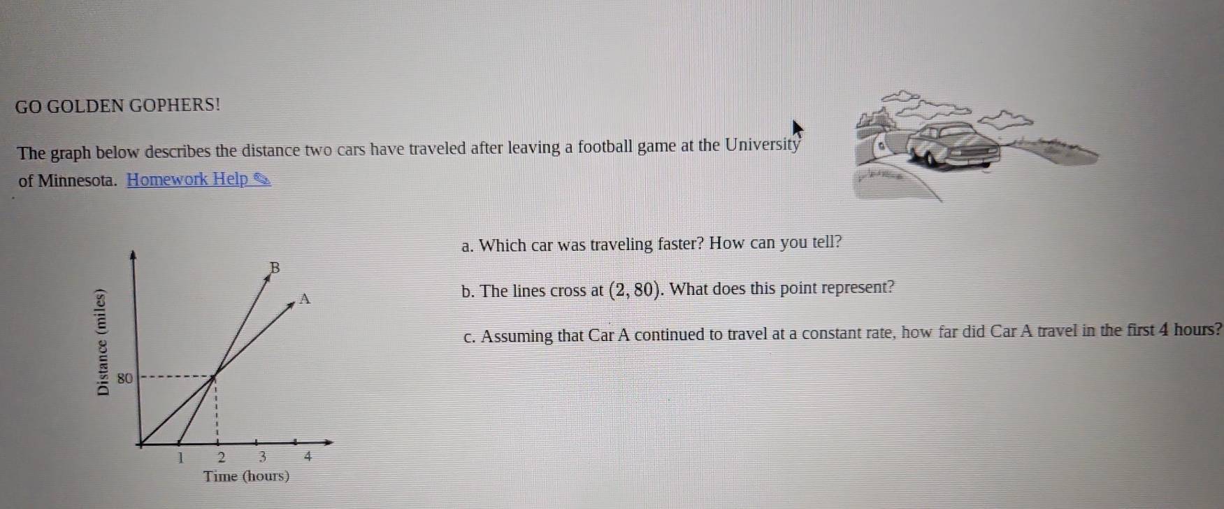 GO GOLDEN GOPHERS! 
The graph below describes the distance two cars have traveled after leaving a football game at the University 
of Minnesota. Homework Help 
a. Which car was traveling faster? How can you tell? 
b. The lines cross at (2,80). What does this point represent? 
c. Assuming that Car A continued to travel at a constant rate, how far did Car A travel in the first 4 hours? 
3 
Time (hours)