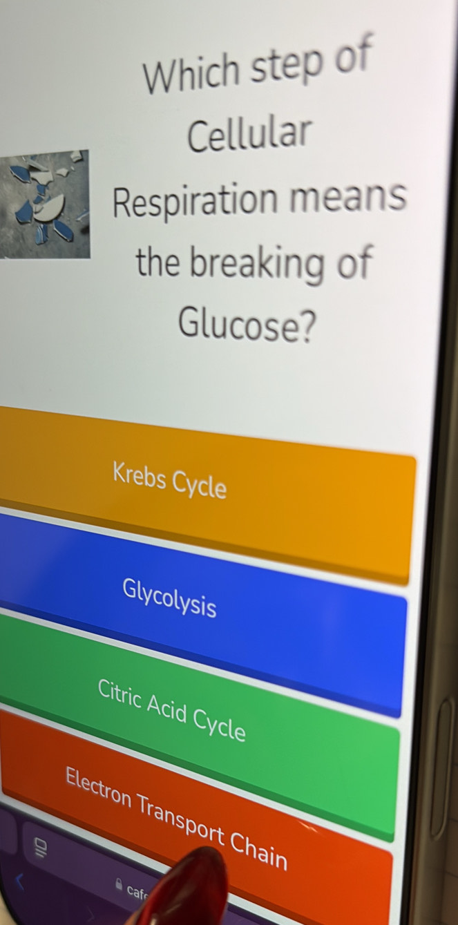 Which step of
Cellular
Respiration means
the breaking of
Glucose?
Krebs Cycle
Glycolysis
Citric Acid Cycle
EÉlectron Transport Chair
caf