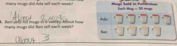 many mugs did Ada sell each week? Mugs Sold in Fundraiser 
Each Mug =50 mugs 
. Ben sold his mugs in 6 weeks. About how Ada 
many mugs did Ben sell each week? 
Ben