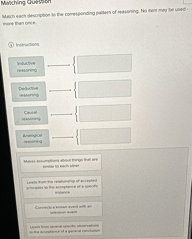 Matching Questión
Match each description to the corresponding pattern of reasoning. No item may be used
more than once.
Instructions
Inductive □°
reasoning
 □ 
Deductive
reasoning
 □ 
Causal
reasoning
| 
Analogical
reasoning
 □ 
Makes assumptions about things that are
similar to each other
Leads from the relationship of accepted
principles to the acceptance of a specific
instance
Connects a known event with an
unknown event
Leads from several specific observations
to the acceptance of a general conclusion