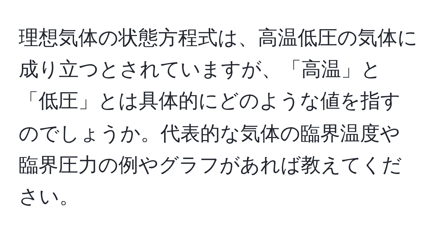 理想気体の状態方程式は、高温低圧の気体に成り立つとされていますが、「高温」と「低圧」とは具体的にどのような値を指すのでしょうか。代表的な気体の臨界温度や臨界圧力の例やグラフがあれば教えてください。