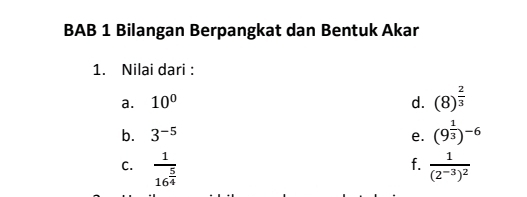 BAB 1 Bilangan Berpangkat dan Bentuk Akar 
1. Nilai dari : 
a. 10° d. (8)^ 2/3 
b. 3^(-5) e. (9^(frac 1)3)^-6
f. 
C. frac 116^(frac 5)4 frac 1(2^(-3))^2