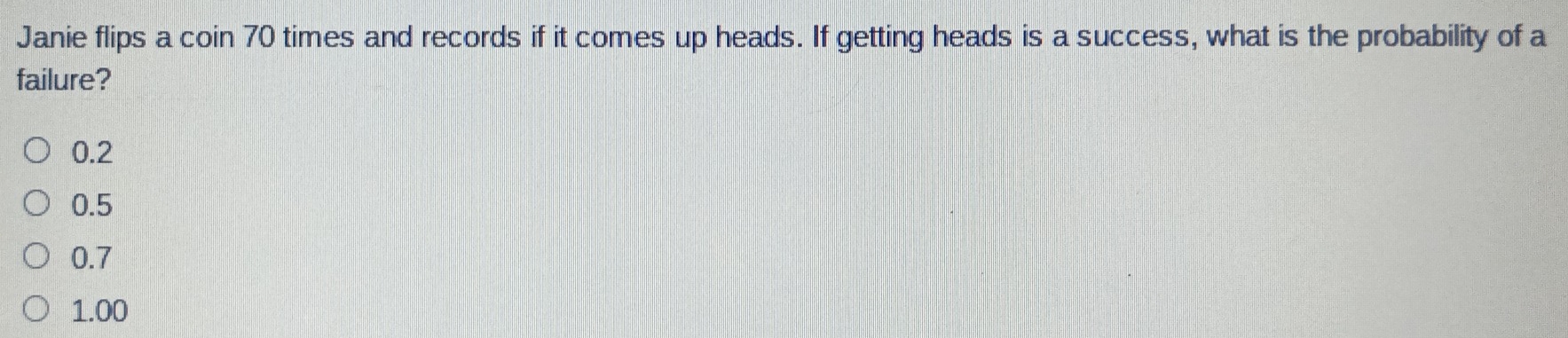 Janie flips a coin 70 times and records if it comes up heads. If getting heads is a success, what is the probability of a
failure?
0.2
0.5
0.7
1.00