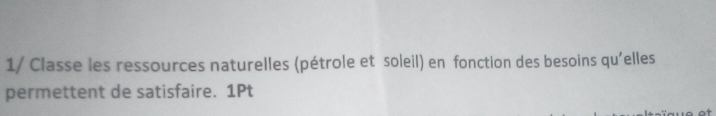 1/ Classe les ressources naturelles (pétrole et soleil) en fonction des besoins qu'elles 
permettent de satisfaire. 1Pt