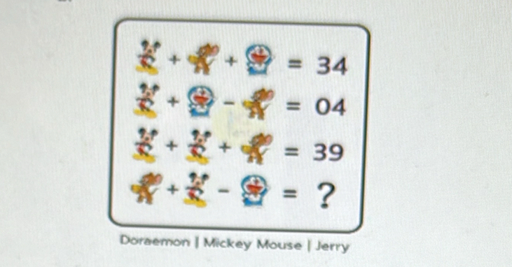  2f/3g + g/H + g/H =34
 2p/3 + □ /□  - □ /W=04 
 2p/3x + 2p/3x  + ^circ  =39
x+x+3)-x= ? 
Doraemon | Mickey Mouse | Jerry