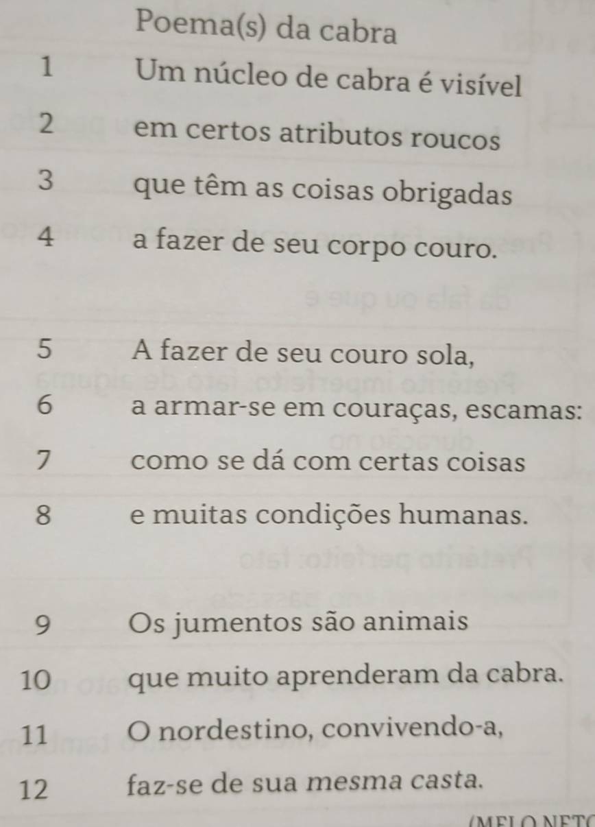 Poema(s) da cabra 
1 Um núcleo de cabra é visível 
2 em certos atributos roucos 
3 
que têm as coisas obrigadas 
4 a fazer de seu corpo couro. 
5 A fazer de seu couro sola, 
6 
a armar-se em couraças, escamas: 
7 como se dá com certas coisas 
8 e muitas condições humanas. 
9 Os jumentos são animais 
10 que muito aprenderam da cabra. 
11 O nordestino, convivendo-a, 
12 
faz-se de sua mesma casta.