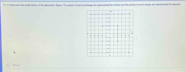 Determine the scale factor of the geometric figure. The points of each preimage are represented by circles and the points of each image are represented by squares.
10 to 4