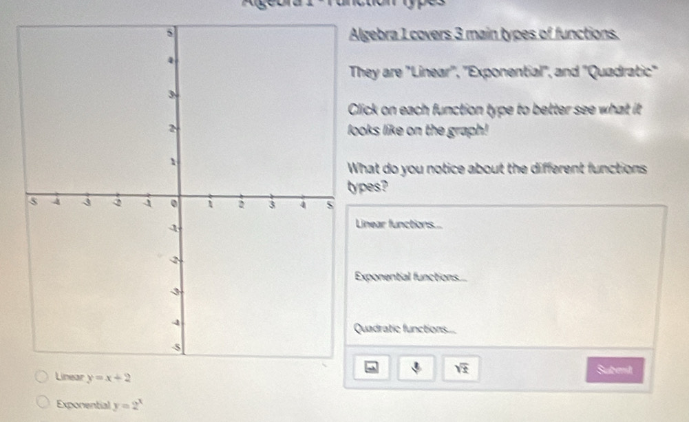 Agebra
Algebra 1 covers 3 main types of functions
They are "Linear'', 'Exponential", and "Quadratic"
lick on each function type to better see what it
ooks like on the graph!
What do you notice about the different functions
ypes?
Linear functions...
Exponential functions...
Quadratic functions....
sqrt(x) Subenit
ar y=x+2
Exponential y=2^x