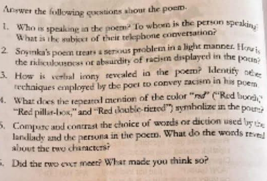 Solved: Answer the following questions shout the poem. 1. Who is ...