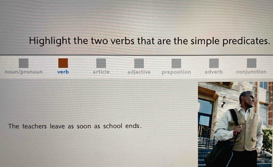 Highlight the two verbs that are the simple predicates.
noun/pronoun verb article adjective preposition adverb conjunction
The teachers leave as soon as school ends.