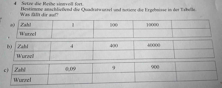 Setze die Reihe sinnvoll fort. 
Bestimme anschließend die Quadratwurzel und notiere die Ergebnisse in der Tabelle. 
Was fällt dir auf?