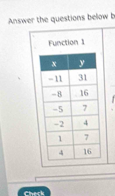 Answer the questions below b 
Function 1 
Check