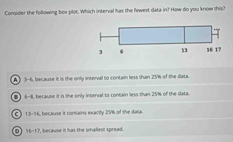 Consider the following box plot. Which interval has the fewest data in? How do you know this?
A 3-6, because it is the only interval to contain less than 25% of the data.
B) 6-8, because it is the only interval to contain less than 25% of the data.
C ) 13-16, because it contains exactly 25% of the data.
D 16-17, because it has the smallest spread.