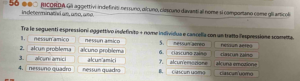 50 ●0○ RICORDA Gli aggettivi indefiniti nessuno, alcuno, ciascuno davanti al nome si comportano come gli articoli 
indeterminativi un, uno, una. 
Tra le seguenti espressioni aggettivo indefinito + nome individua e cancella con un tratto l’espressione scorretta. 
1. nessun'amico nessun amico 5. nessun'aereo nessun aereo 
2. alcun problema alcuno problema 6. ciascuno zaino ciascun zaino 
3. alcuni amici alcun’amici 7. alcun’emozione alcuna emozione 
4. nessuno quadro nessun quadro ciascun uomo ciascun'uomo 
8.