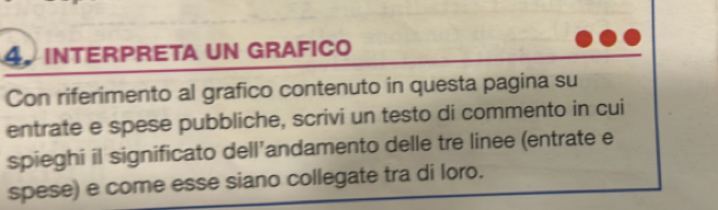 INterprETa un GrafiCo 
Con riferimento al grafico contenuto in questa pagina su 
entrate e spese pubbliche, scrivi un testo di commento in cui 
spieghi il significato dell’andamento delle tre linee (entrate e 
spese) e come esse siano collegate tra di loro.