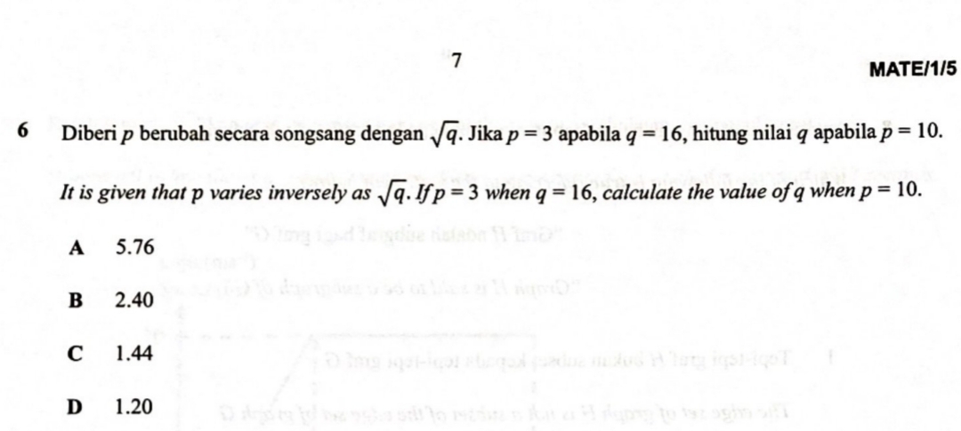 MATE/1/5
6 Diberi p berubah secara songsang dengan sqrt(q). Jika p=3 apabila q=16 , hitung nilai q apabila p=10. 
It is given that p varies inversely as sqrt(q). If p=3 when q=16 , calculate the value of q when p=10.
A 5.76
B 2.40
C 1.44
D 1.20