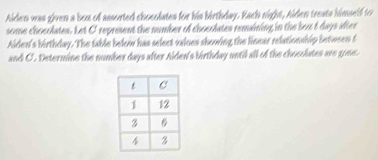 hiden was given a box of assorted chocolates for his birthday. Rach right, hiden treats himself to 
some chocclates. Let C represent the number of chocclates remining in the box t days ater 
Aiden's birthday. The table below has select values showing the linear relationship between t 
and C. Deternine the number days after hiden's birthday unth all of the chocclates are gone.