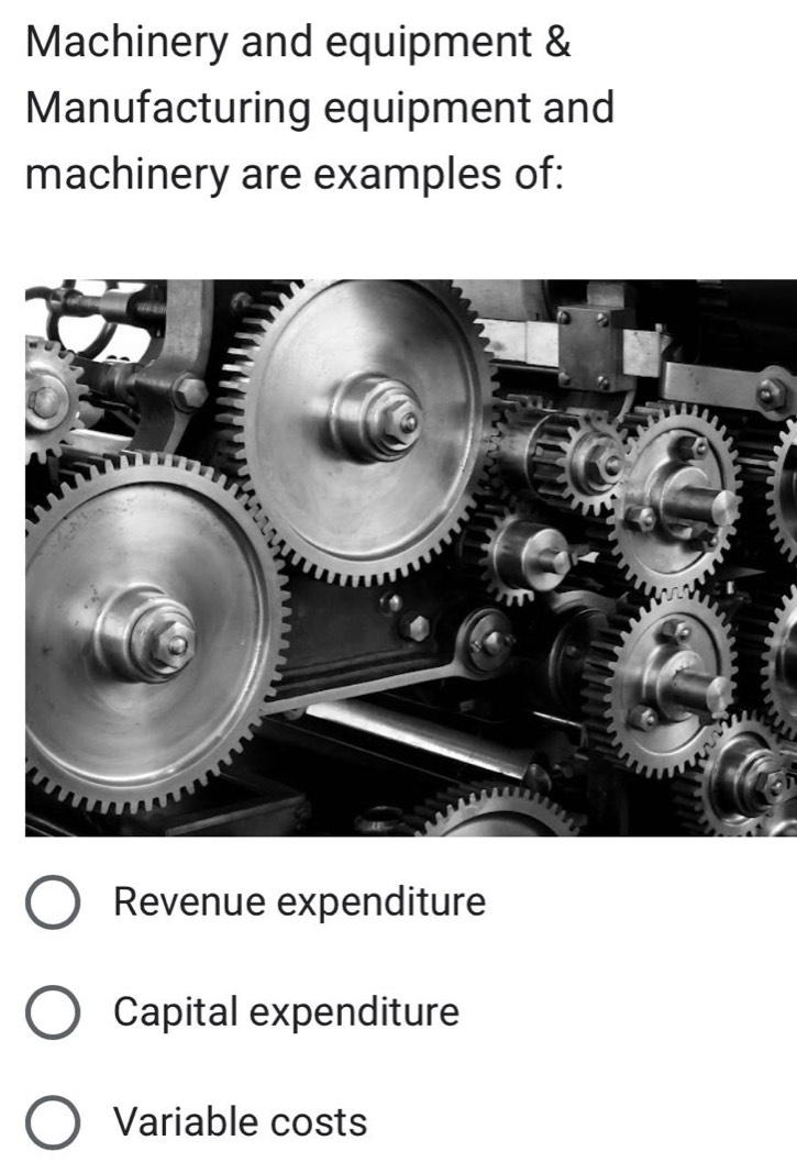 Machinery and equipment &
Manufacturing equipment and
machinery are examples of:
Revenue expenditure
Capital expenditure
Variable costs