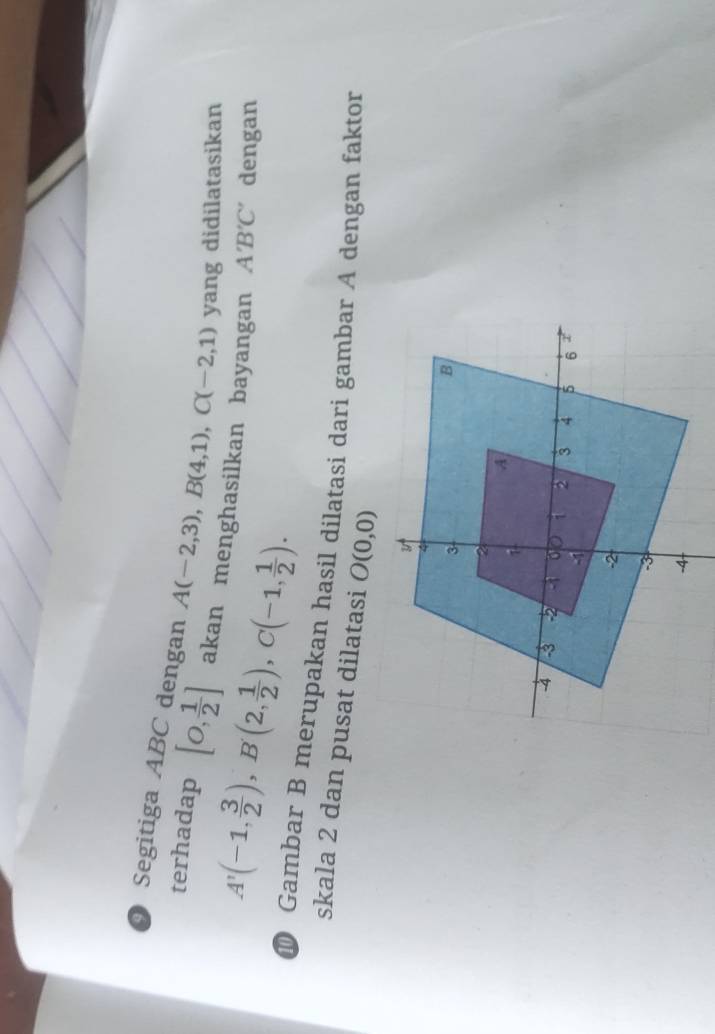 Segitiga ABC dengan A(-2,3), B(4,1), C(-2,1) yang didilatasikan 
terhadap [0, 1/2 ] akan menghasilkan bayangan A'B'C' dengan
A'(-1, 3/2 ), B'(2, 1/2 ), C(-1, 1/2 ). 
⑩ Gambar B merupakan hasil dilatasi dari gambar A dengan faktor 
skala 2 dan pusat dilatasi O(0,0)