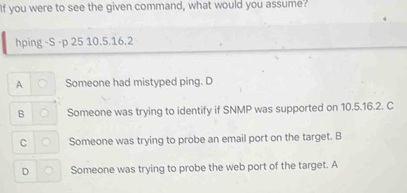 If you were to see the given command, what would you assume?
hping -S -p 25 10.5.16.2
A Someone had mistyped ping. D
B Someone was trying to identify if SNMP was supported on 10.5.16.2. C
C Someone was trying to probe an email port on the target. B
D Someone was trying to probe the web port of the target. A