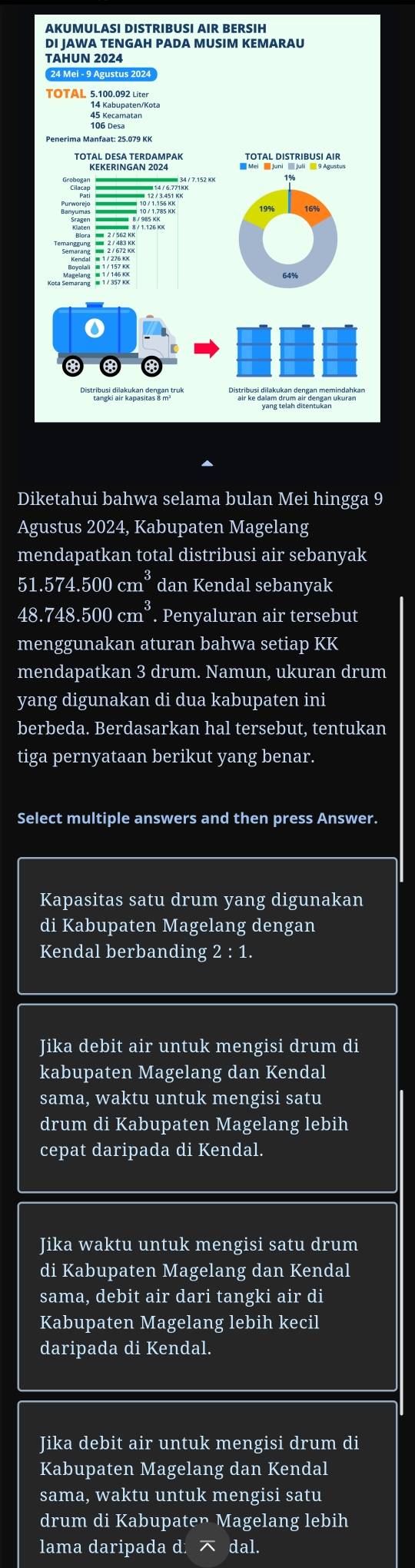 AKUMULASI DISTRIBUSI AIR BERSIH
DI JAWA TENGAH PADA MUSIM KEMARAU
TAHUN 2024
24 Mei - 9 Agustus 2024
TOTAL 5.100.092 Lite

Bungoido
1/ 146 K
Diketahui bahwa selama bulan Mei hingga 9
Agustus 2024, Kabupaten Magelang
mendapatkan total distribusi air sebanyak
51 .574.500cm^3 dan Kendal sebanyak
48.748.500cm^3. Penyaluran air tersebut
menggunakan aturan bahwa setiap KK
mendapatkan 3 drum. Namun, ukuran drum
yang digunakan di dua kabupaten ini
berbeda. Berdasarkan hal tersebut, tentukan
tiga pernyataan berikut yang benar.
Select multiple answers and then press Answer.
Kapasitas satu drum yang digunakan
di Kabupaten Magelang dengan
Kendal berbanding 2:1.
Jika debit air untuk mengisi drum di
kabupaten Magelang dan Kendal
sama, waktu untuk mengisi satu
drum di Kabupaten Magelang lebih
cepat daripada di Kendal.
Jika waktu untuk mengisi satu drum
di Kabupaten Magelang dan Kendal
sama, debit air dari tangki air di
Kabupaten Magelang lebih kecil
daripada di Kendal.
Jika debit air untuk mengisi drum di
Kabupaten Magelang dan Kendal
sama, waktu untuk mengisi satu
drum di Kabupaten Magelang lebih
lama daripada d. dal.