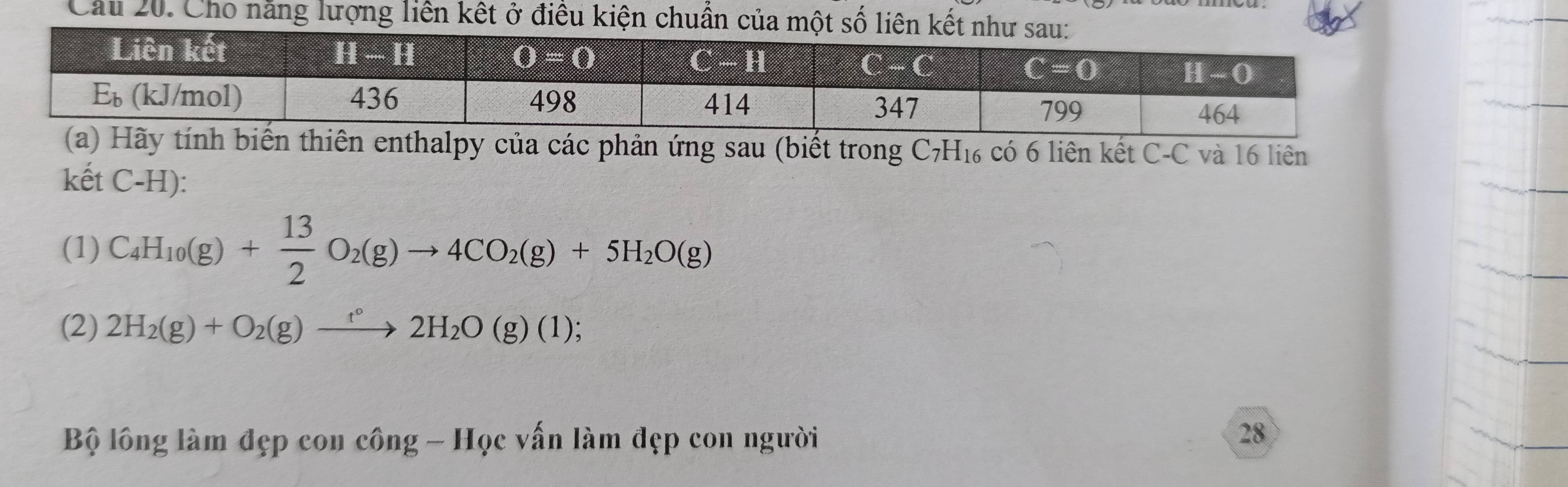 Cầu 20. Cho năng lượng liên kết ở điều kiện chuẩn của một số li
(a) Hãy tính biến thiên enthalpy của các phản ứng sau (biết trong C_7H_16 có 6 liên kết C-C và 16 liên
kết C-H):
(1) C_4H_10(g)+ 13/2 O_2(g)to 4CO_2(g)+5H_2O(g)
(2) 2H_2(g)+O_2(g)xrightarrow t°2H_2O(g)(1);
Bộ lông làm đẹp con công - Học vấn làm đẹp con người
28