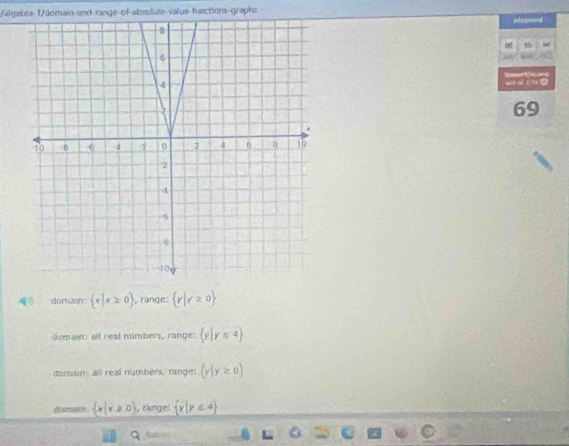 Valgebra-1/domain-and-range-of-absolute-value-functions-graphs.
ropsed
∞ a
Mamer Sdtor
69
domain  x|x≥ 0 , range  y|y≥ 0
domain: all real númbers, range:  y|y≤ 4
damain; all real numbers, range:  y|y≥ 0
domain.  x|x≥slant 0 , range:  y|y≤ 4
Q