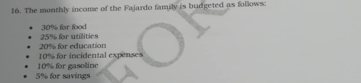 The monthly income of the Fajardo family is budgeted as follows:
30% for food
25% for utilities
20% for education
10% for incidental expenses
10% for gasoline
5% for savings