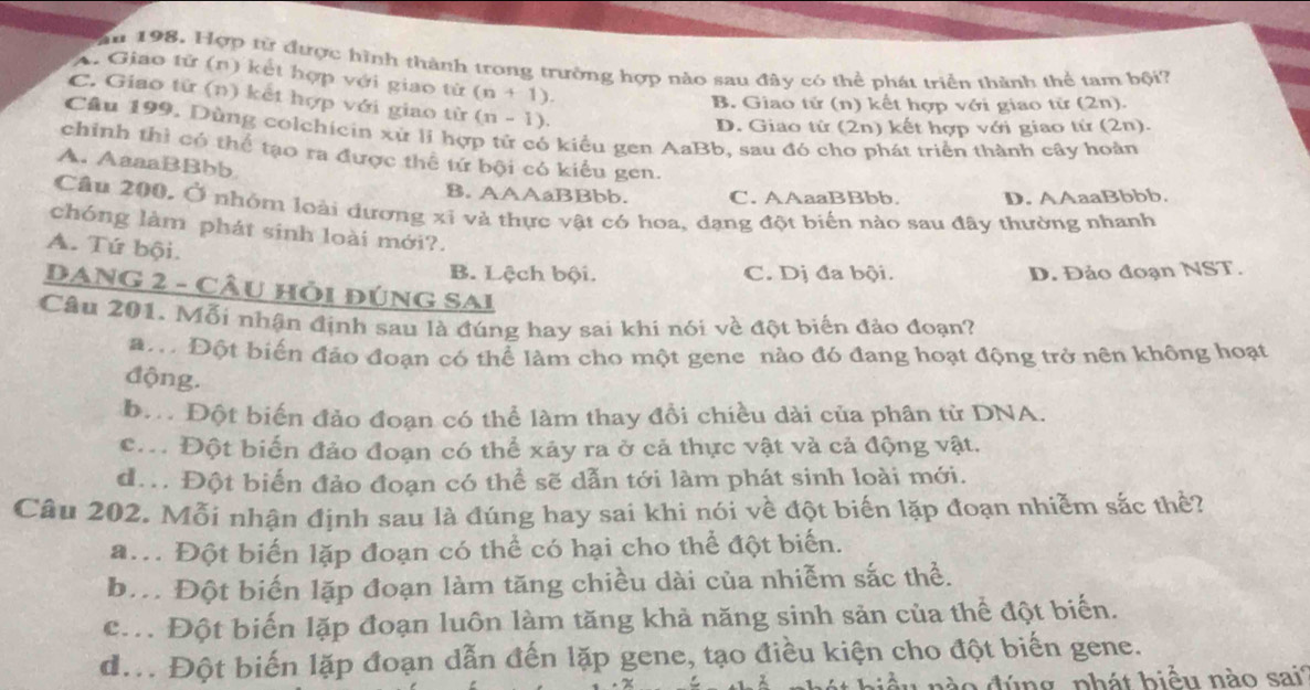 ăn 198. Hợp từ được hình thành trong trường hợp nào sau đây có thể phát triển thành thể tam bội?
A. Giao tử (n) kết hợp với giao từ (n+1). (2n) kết hợp với giao từ (2n ).
C. Giao tử (n) kết hợp với giao từ (n-1).
B. Giao tử (n) kết hợp với giao từ (2n).
D. Giao từ
Câu 199. Dùng colchicin xử li hợp tử có kiểu gen AaBb, sau đó ch hát triển thành cây hoàn
chỉnh thì có thể tạo ra được thể tứ bội có kiểu gen.
A. AaaaBBbb
B. AAAaBBbb. C. AAaaBBbb. D. AAaaBbbb.
Câu 200. Ở nhóm loài dương xỉ và thực vật có hoa, đạng đột biển nào sau đây thường nhanh
chóng làm phát sinh loài mới?.
A. Tứ bội.
B. Lệch bội. C. Dị đa bội. D. Đảo đoạn NST.
DANG 2 - CÂu Hỏi đúnG SAI
Câu 201. Mỗi nhận định sau là đúng hay sai khi nói về đột biển đảo đoạn?
an Đột biến đảo đoạn có thể làm cho một gene nào đó đang hoạt động trở nên không hoạt
động.
bầ Đột biến đảo đoạn có thể làm thay đổi chiều dài của phân từ DNA.
c.. Đột biển đảo đoạn có thể xảy ra ở cả thực vật và cả động vật.
đầ. Đột biển đảo đoạn có thể sẽ dẫn tới làm phát sinh loài mới.
Câu 202. Mỗi nhận định sau là đúng hay sai khi nói về đột biến lặp đoạn nhiễm sắc thể?
a.. Đột biển lặp đoạn có thể có hại cho thể đột biển.
bư Đột biến lặp đoạn làm tăng chiều dài của nhiễm sắc thể.
cầ Đột biến lặp đoạn luôn làm tăng khả năng sinh sản của thể đột biển.
đ... Đột biến lặp đoạn dẫn đến lặp gene, tạo điều kiện cho đột biến gene.
o đ úng , phát biểu nào sai