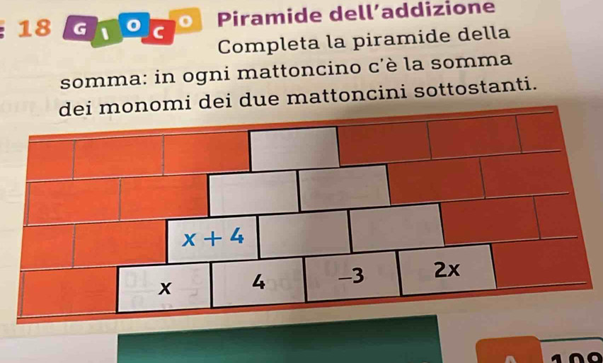 18Gro7 0 Piramide dell’addizione
Completa la piramide della
somma: in ogni mattoncino c'è la somma
onomi dei due mattoncini sottostanti.