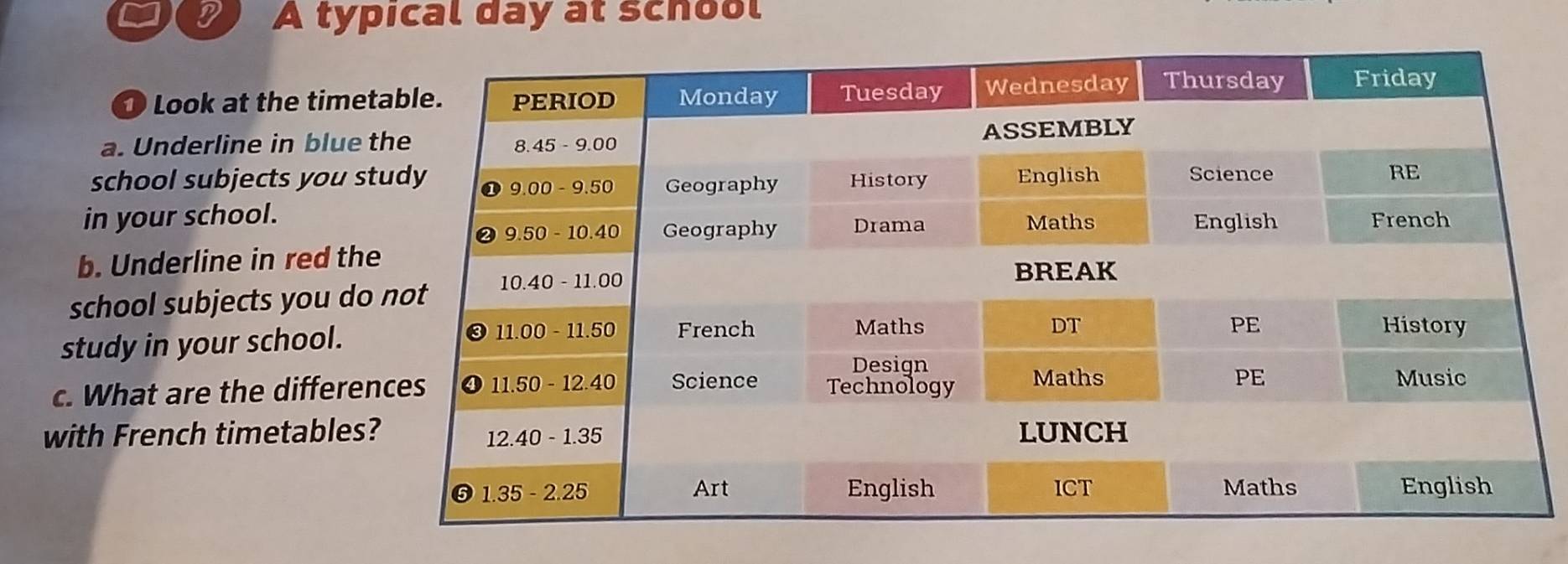 A typical day at school
Look at the timet
a. Underline in blue t
school subjects you st
in your school.
b. Underline in red the
school subjects you do
study in your school.
c. What are the differen
with French timetables?