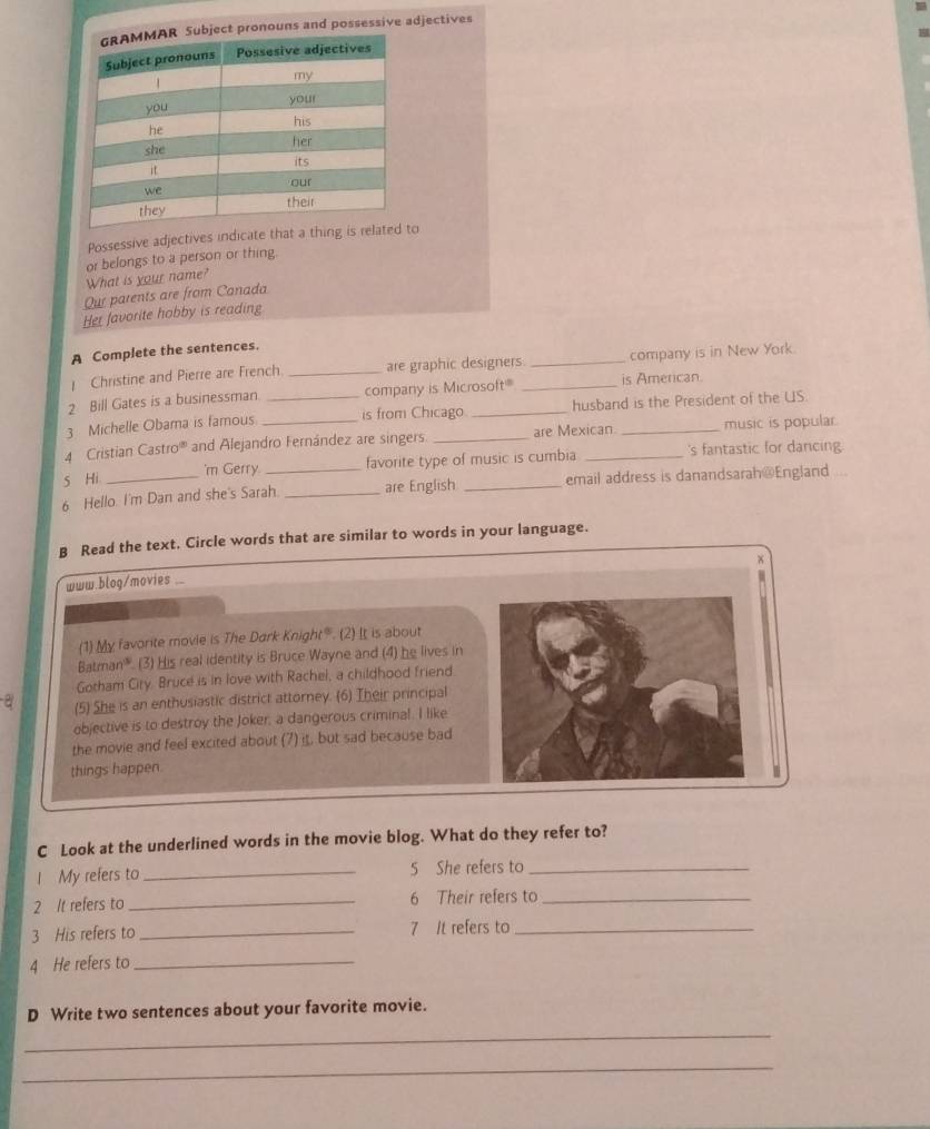 uns and possessive adjectives 
Possessive adjectives indicate that a thinto 
or belongs to a person or thing. 
What is your name? 
Our parents are from Canada 
Her favorite hobby is reading 
A Complete the sentences. 
Christine and Pierre are French _are graphic designers. _company is in New York. 
2 Bill Gates is a businessman company is Microsof'''' _is American. 
3 Michelle Obama is famous _is from Chicago _husband is the President of the US. 
4 Cristian Castro''' and Alejandro Fernández are singers _are Mexican _music is popular. 
S Hi favorite type of music is cumbia _'s fantastic for dancing. 
'm Gerry 
6 Hello. I'm Dan and she's Sarah. _are English _email address is danandsarah@England 
B Read the text. Circle words that are similar to words in your language. 
www.blog/movies 
(1) My favorite movie is The Dark Knight . (2) It is about 
Batman''. (3) His real identity is Bruce Wayne and (4) he lives in 
Gotham City. Bruce is in love with Rachel, a childhood friend 
a (5) She is an enthusiastic district attorney. (6) Their principal 
objective is to destroy the Joker, a dangerous criminal. I like 
the movie and feel excited about (7) it, but sad because bad 
things happen. 
C Look at the underlined words in the movie blog. What do they refer to? 
I My refers to _5 She refers to_ 
2 It refers to_ 6 Their refers to_ 
3 His refers to _7 It refers to_ 
4 He refers to_ 
D Write two sentences about your favorite movie. 
_ 
_