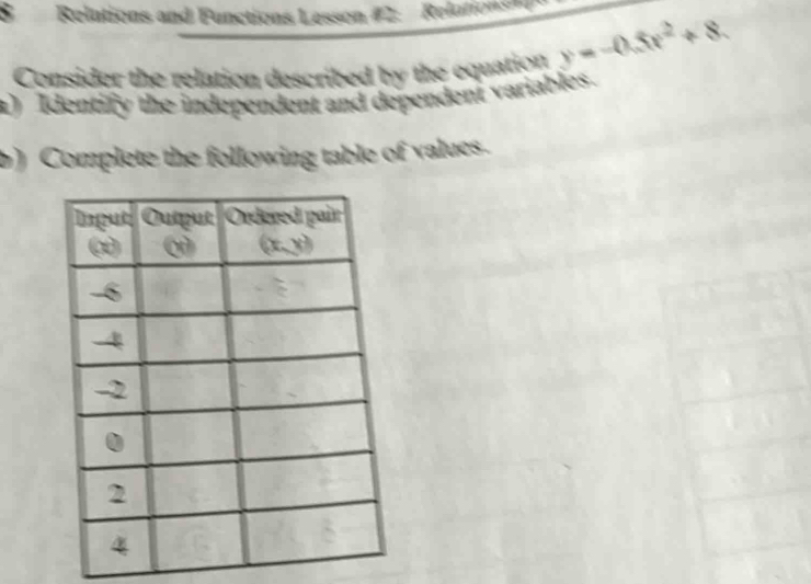 $ Relutions and Functions Lesson #2: Relations = y=-0.5x^2+8.
Consider the relation described by the equation
a) Identify the independent and dependent variables.
b) Complete the following table of values.