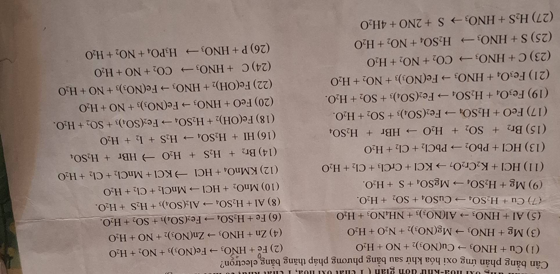 noa-knu đon gian (1chất oxi hoa, 1
Cân bằng phản ứng oxi hóa khử sau bằng phương pháp thăng bằng electrọn?
(1) Cu+HNO_3to Cu(NO_3)_2+NO+H_2O (2) Fe+HNO_3to Fe(NO_3)_3+NO_2+H_2O
(3) Mg+HNO_3to Mg(NO_3)_2+N_2O+H_2O (4) Zn+HNO_3to Zn(NO_3)_2+NO+H_2O
(5) Al+HNO_3to Al(NO_3)_3+NH_4NO_3+H_2O (6) Fe+H_2SO_4to Fe_2(SO_4)_3+SO_2+H_2O.
(7) Cu+H_2SO_4to CuSO_4+SO_2+H_2O. (8) Al+H_2SO_4to Al_2(SO_4)_3+H_2S+H_2O.
(9) Mg+H_2SO_4to MgSO_4+S+H_2O. (10) MnO_2+HClto MnCl_2+Cl_2+H_2O
(11) HCl+K_2Cr_2O_7to KCl+CrCl_3+Cl_2+H_2O (12) KMnO_4+HClto KCl+MnCl_2+Cl_2+H_2O
(13) HCl+PbO_2to PbCl_2+Cl_2+H_2O (14) Br_2+H_2S+H_2Oto HBr+H_2SO_4
(15) Br_2+SO_2+H_2Oto HBr+H_2SO_4 (16) HI+H_2SO_4to H_2S+I_2+H_2O
(17) FeO+H_2SO_4to Fe_2(SO_4)_3+SO_2+H_2O. (18) Fe(OH)_2+H_2SO_4to Fe_2(SO_4)_3+SO_2+H_2O.
(19) Fe_3O_4+H_2SO_4to Fe_2(SO_4)_3+SO_2+H_2O.
(20) FeO+HNO_3to Fe(NO_3)_3+NO+H_2O
(21) Fe_3O_4+HNO_3to Fe(NO_3)_3+NO_2+H_2O
(22) Fe(OH)_2+HNO_3to Fe(NO_3)_3+NO+H_2O
(23) C+HNO_3to CO_2+NO_2+H_2O (24) C+HNO_3to CO_2+NO+H_2O
(26)
(25) S+HNO_3to H_2SO_4+NO_2+H_2O P+HNO_3to H_3PO_4+NO_2+H_2O
(27) H_2S+HNO_3to S+2NO+4H_2O