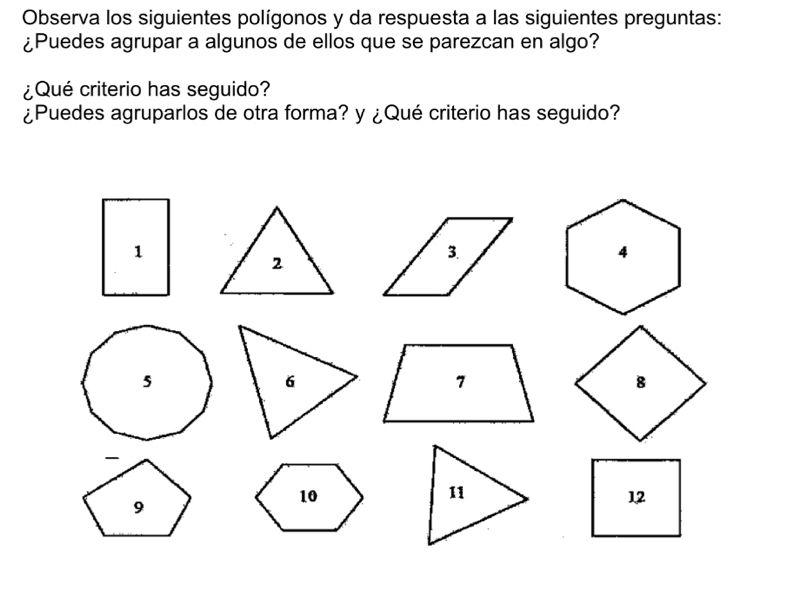 Observa los siguientes polígonos y da respuesta a las siguientes preguntas: 
¿Puedes agrupar a algunos de ellos que se parezcan en algo? 
¿Qué criterio has seguido? 
¿Puedes agruparlos de otra forma? y ¿Qué criterio has seguido?
1
2
12