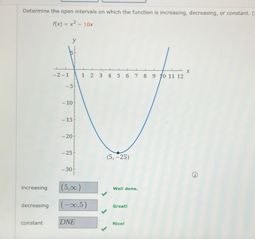 Determine the open intervals on which the function is increasing, decreasing, or constant. (
f(x)=x^2-10x
increasing (5,∈fty ) Well done.
decreasing (-∈fty ,5) Great!
constant DNE Nice!