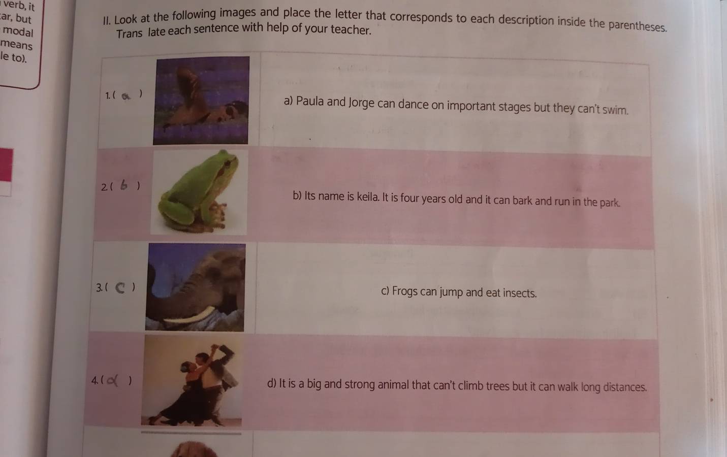 verb, it
ar, but II. Look at the following images and place the letter that corresponds to each description inside the parentheses.
modal Trans late each sentence with help of your teacher.
means
le to).
1. ( c )
a) Paula and Jorge can dance on important stages but they can't swim.
2 )
b) Its name is keila. It is four years old and it can bark and run in the park.
3. (  c) Frogs can jump and eat insects.
4、( ) d) It is a big and strong animal that can't climb trees but it can walk long distances.