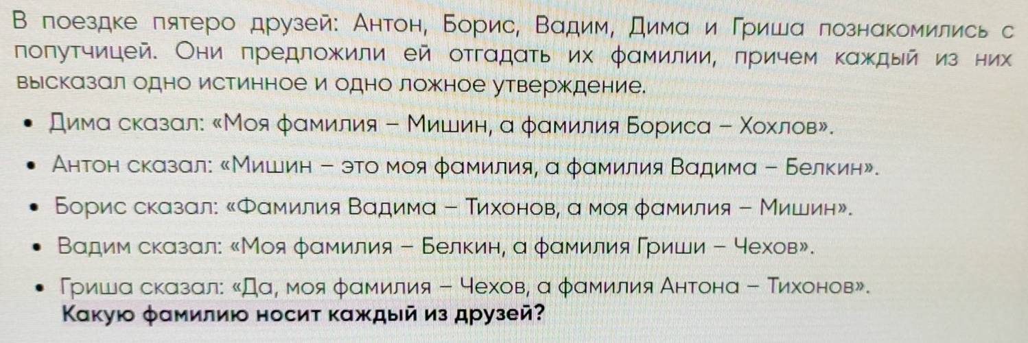 Β поездке πятеро друзей: Антон, Борис, Βαдим, димαίи Γришα πознαкомились с 
πолутчицей. Они πредложили ей отгαдατь их φамилии, πричем кαждый из них 
выісказал одно истинное и одно ложное утверждение. 
димα сказал: Моя φαмилия - Мишеин, α φαмилия Борисα - Χοхлов». 
Антон сказал: «Мишин - эτо моя φαмилия, α φαмилия Βαдиνмα - Белкин». 
δорис сказал: 〖Φамиίлия Βαдимα - Тихонов, α моя φαмилия - Мишин». 
Βαдим сказал: Моя φамилия - Белкин, α φамилия Γриши - чехов». 
Трρишα сказαл: Даρ моя φαмιиίлия - Нехов, α φαмиίлия Антонα - Τиηίхοоенов». 
Κакую φамилиюο носиτ каждый из друзей?