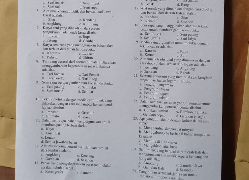 a. Seni teater c. Seni musik b. Kecak d. Reog
b. Seni tari d. Seni rupa 17. Alat musik yang dimainkan dengan cara dipetik
5. Alat musik yang dipetik dan berasal dari Jawa dan berasal dari daerah Bali adalah...
Barat adalah... a. Kendang c. Gitar
a. Gitar c. Kendang b. Rebab d. Sasando
b. Angklung d. Kulintang 18. Seni rupa yang menggunakan alat dan teknik
6. Karya seni yang dihasilkan dari proses cetak untuk membuat gambar disebut...
pengukiran pada benda keras disebut... a. Seni Lukis c. Seni patung
a. Lukisan c. Rupa b. Seni grafis d. Seni kriya
b. Patung d. Gambar 19. Media yang digunakan untuk melukis dengan
7. Karya seni rupa yang menggunakan bahan alam teknik cat air adalah... c. Kayu
dan terbuat dari tanah liat disebut... a. Kanvas
a. Keramik c. Lukisan b. Kertas d. Batu
b. Patung d. Ukiran 20. Alat musik tradisional yang dimainkan dengan
8. Tari yang berasal dari daerah Sumatera Utara dan a. Kendang cara dipukul dan terbuat dari logam adalah...
menggambarkan kegembiraan masyarakatnya c. Angklung
adalah... b. Gamelan d. Rebab
a. Tari Saman c. Tari Pendet 21. Seorang pengrajin yang membuat seni kerajinan
b. Tari Tor-Tor d. Tari Reog tangan dari bahan logam disebut...
9. Seni yang berupa gambar atau lukisan disebut... b. Pengrajin ukiran a. Pengrajin anyaman
a. Seni patung c. Seni lukis
b. Seni music d. Seni tari c. Pengrajin logam
d. Pengrajin tekstil
10. Teknik melukis dengan media cat minyak yang 22. Dalam seni tari, gerakan yang digunakan untuk
dilakukan dengan cara menambah lapisan demi menggambarkan perasaan cemas disebut...
lapisan disebut... a. Gerakan lembut e. Gerakan dramatis
a. Impasto c. Grisaille d. Gerakan energik
b. Gerakan cepat
b. Sfumato d. Glaze 23. Apa yang dimaksud dengan kolase dalam seni
11. Dalam seni rupa, bahan yang digunakan untuk rupa?
membuat patung terbuat dari... a. Menggambar dengan cat minyak
a. Kayu b. Menggabungkan berbagai bahan menjadi satu
b. Tanah liat kesatuan
c. Logam c. Menulis di atas kanvas
d. Semua jawaban benar d. Mengukir di atas batu
12. Alat musik yang berasal dari Bali dan terbuat 24. Seni musik yang berasal dari daerah Bali dan
dari bambu adalah...
menggunakan alat musik seperti kendang dan
a. Angklung c. Kendang gong adalah...
b. Gamelan d. Sasando a. Angklung c. Gamelan Jawa
13. Penari yang mengekspresikan perasaan melalui b. Gamelan Bali d. Sasando
gerakan tubuh disebut.. 25. Yang bukan termasuk jenis seni musik
a. Koreografer c. Pemeran tradisional Indonesia adalah..