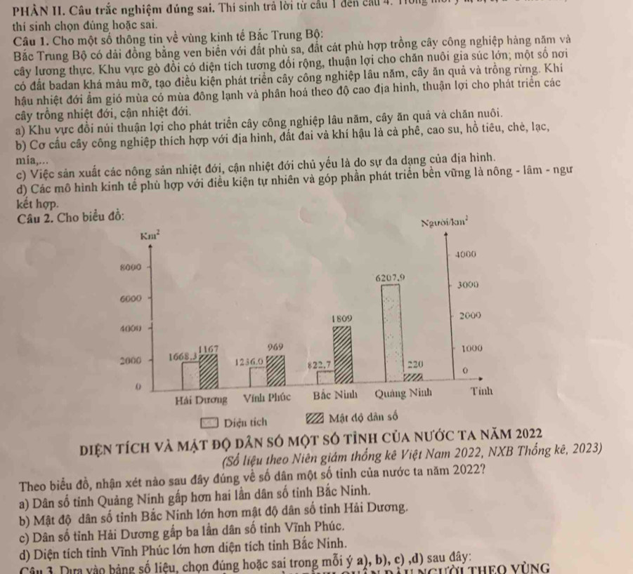 PHÀN II. Câu trắc nghiệm đúng sai. Thí sinh trả lời từ cầu 1 đến cầu 4. Tông
thí sinh chọn đúng hoặc sai.
Câu 1. Cho một số thông tin về vùng kinh tế Bắc Trung Bộ:
Bắc Trung Bộ có dải đồng bằng ven biển với đất phù sa, đắt cát phù hợp trồng cây công nghiệp hàng năm và
cây lương thực. Khu vực gò đồi có diện tích tương đối rộng, thuận lợi cho chăn nuôi gia súc lớn; một số nơi
có đất badan khá màu mỡ, tạo điều kiện phát triển cây công nghiệp lâu năm, cây ăn quả và trồng rừng. Khí
hậu nhiệt đới ẩm gió mùa có mùa đông lạnh và phân hoá theo độ cao địa hình, thuận lợi cho phát triển các
cây trồng nhiệt đới, cận nhiệt đới.
a) Khu vực đồi núi thuận lợi cho phát triển cây công nghiệp lâu năm, cây ăn quả và chăn nuôi.
b) Cơ cấu cây công nghiệp thích hợp với địa hình, đất đai và khí hậu là cả phê, cao su, hồ tiêu, chẻ, lạc,
mia,...
c) Việc sản xuất các nông sản nhiệt đới, cận nhiệt đới chủ yếu là do sự đa dạng của địa hình.
d) Các mô hình kinh tế phù hợp với điều kiện tự nhiên và góp phần phát triển bền vững là nông - lâm - ngư
kết hợp.
Câu 2. Cho b
diện tích và mặt độ dân só một số tỉnh của nước ta năm 2022
(Số liệu theo Niên giám thống kê Việt Nam 2022, NXB Thống kê, 2023)
Theo biểu đồ, nhận xét nào sau đây đúng về số dân một số tỉnh của nước ta năm 2022?
a) Dân số tỉnh Quảng Ninh gấp hơn hai lần dân số tinh Bắc Ninh.
b) Mật độ dân số tỉnh Bắc Ninh lớn hơn mật độ dân số tỉnh Hải Dương.
c) Dân số tỉnh Hải Dương gấp ba lần dân số tinh Vĩnh Phúc.
d) Diện tích tỉnh Vĩnh Phúc lớn hơn diện tích tỉnh Bắc Ninh.
Câu 3 Dựa vào bảng số liệu, chọn đúng hoặc sai trong mỗi ý a), b), c) ,d) sau đây:
Người ThEO VùNg