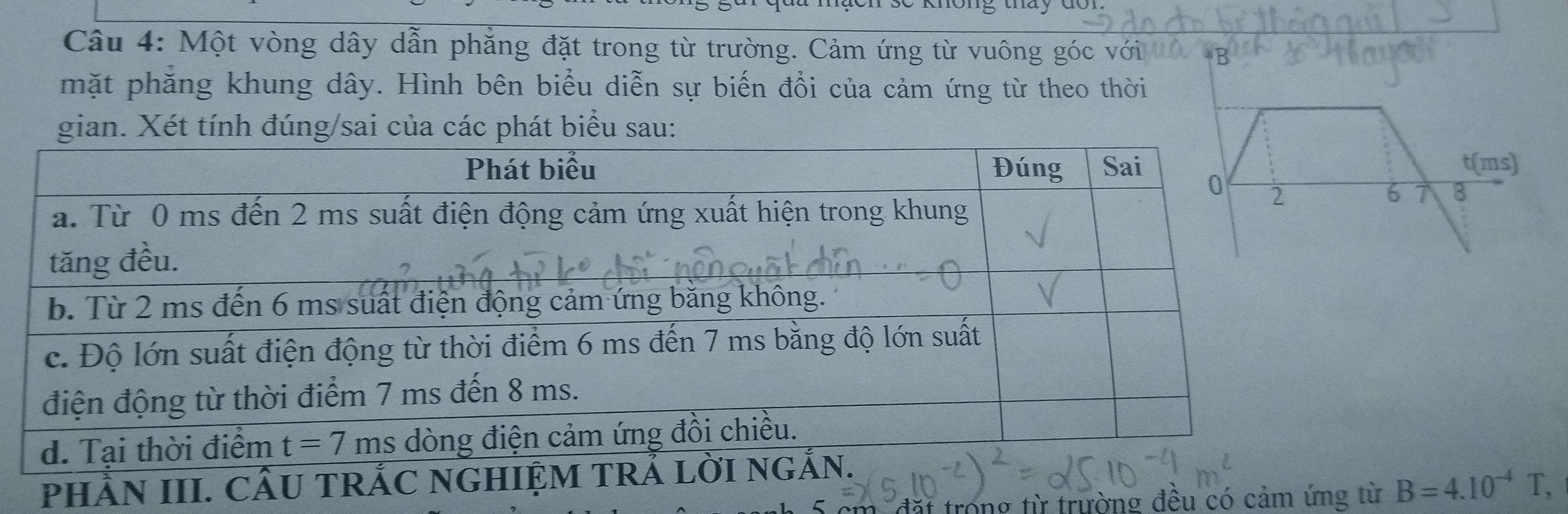 không tháy đor
Câu 4: Một vòng dây dẫn phẳng đặt trong từ trường. Cảm ứng từ vuông góc với
mặt phẳng khung dây. Hình bên biểu diễn sự biến đổi của cảm ứng từ theo thời
gian. Xét tính đúng/sai của các phát biểu sau:
pHÀN III. C
trong từ trường đều có cảm ứng từ B=4.10^(-4)T,