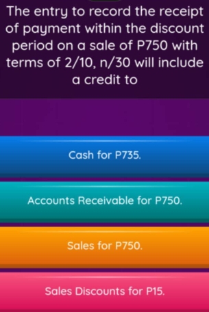 The entry to record the receipt
of payment within the discount
period on a sale of P750 with
terms of 2/10, n/30 will include
a credit to
Cash for P735.
Accounts Receivable for P750.
Sales for P750.
Sales Discounts for P15.